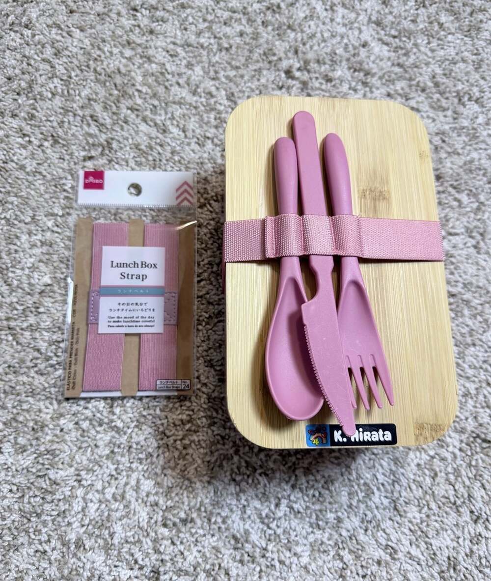 Wooden Lunch Box with Pink Utensils and Strap Set